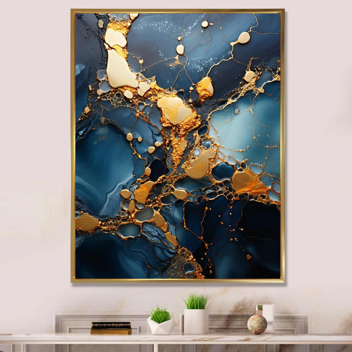 Designart "Gold And Blue Marble Mosaic Agate V" Marble Gold Wall Decor - Modern Hallway Framed Wall Art Decor
