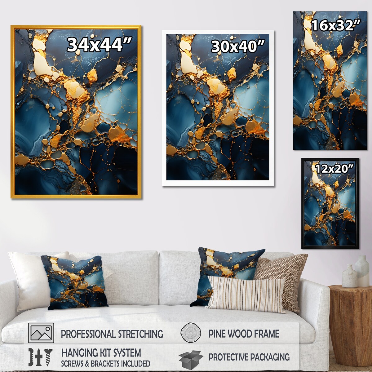 Designart "Gold And Blue Marble Mosaic Agate V" Marble Gold Wall Decor - Modern Hallway Framed Wall Art Decor