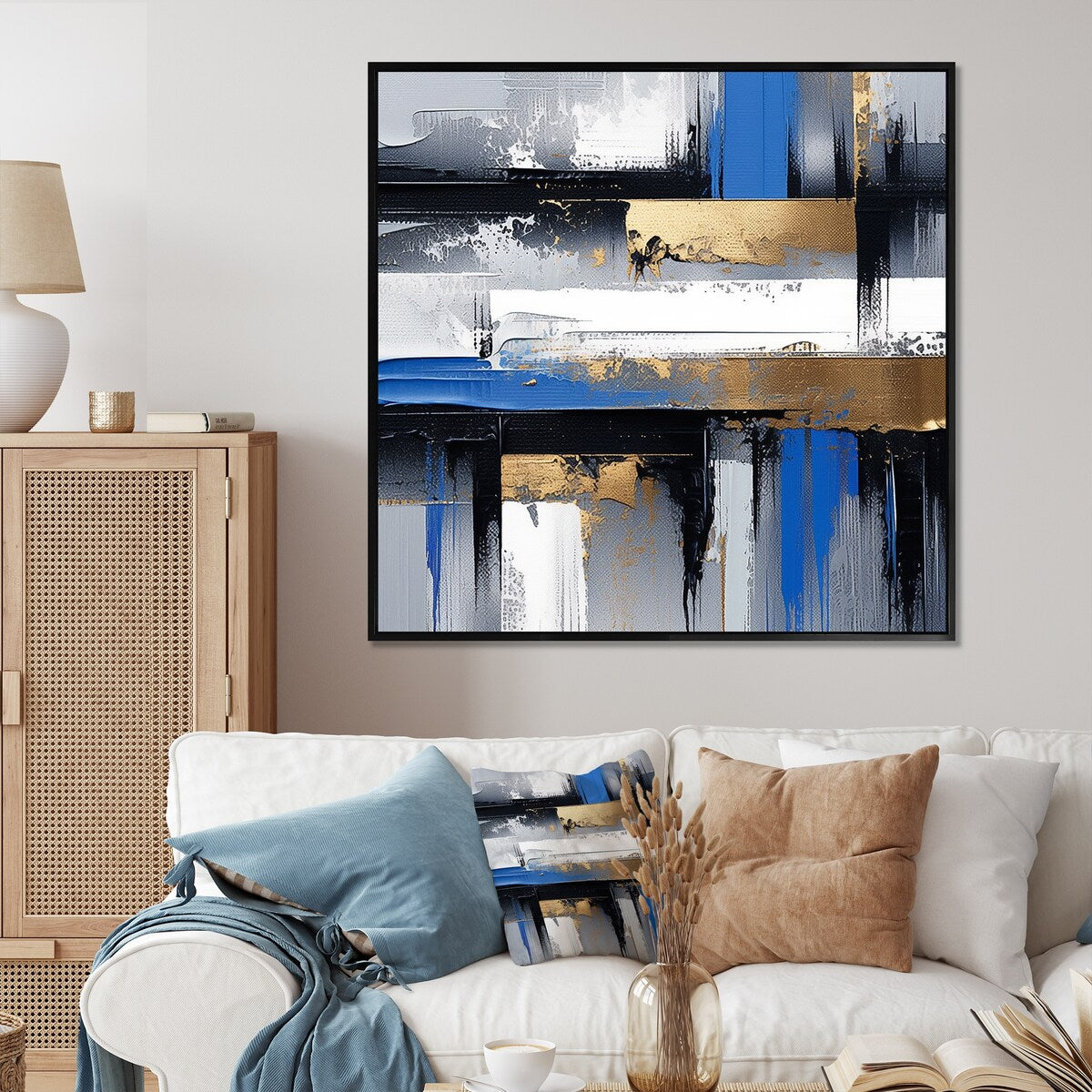 Designart "Gold And Blue Paint Elegance II" Abstract Collages Gold Wall Decor - Modern Living Room Framed Canvas Art