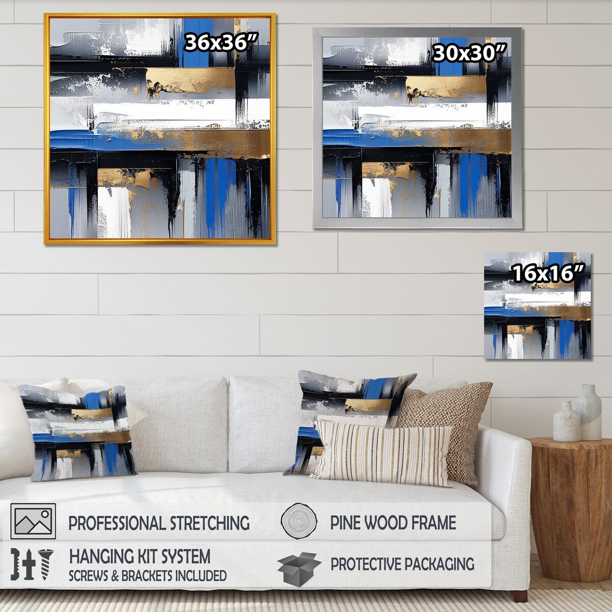 Designart "Gold And Blue Paint Elegance II" Abstract Collages Gold Wall Decor - Modern Living Room Framed Canvas Art
