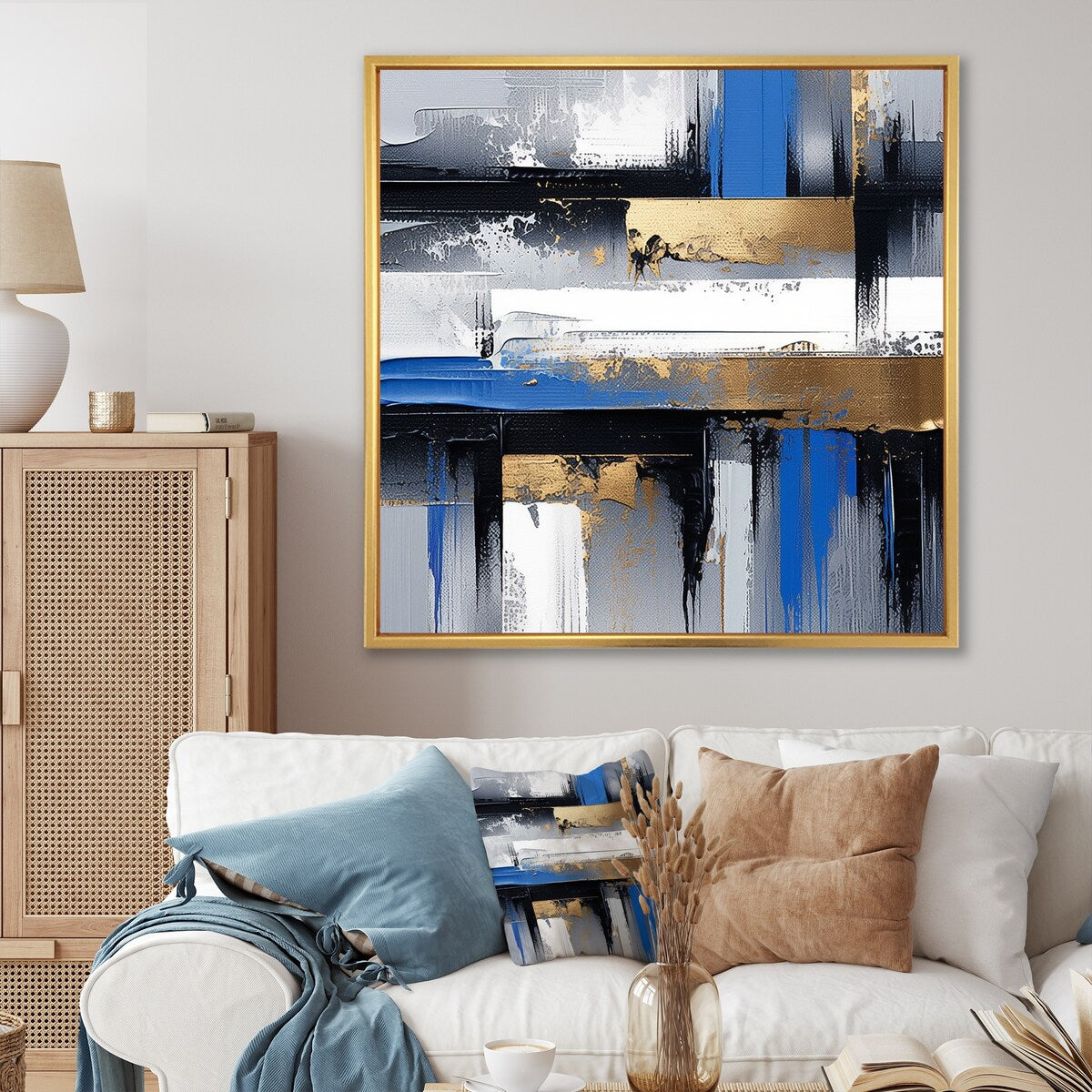 Designart "Gold And Blue Paint Elegance II" Abstract Collages Gold Wall Decor - Modern Living Room Framed Canvas Art