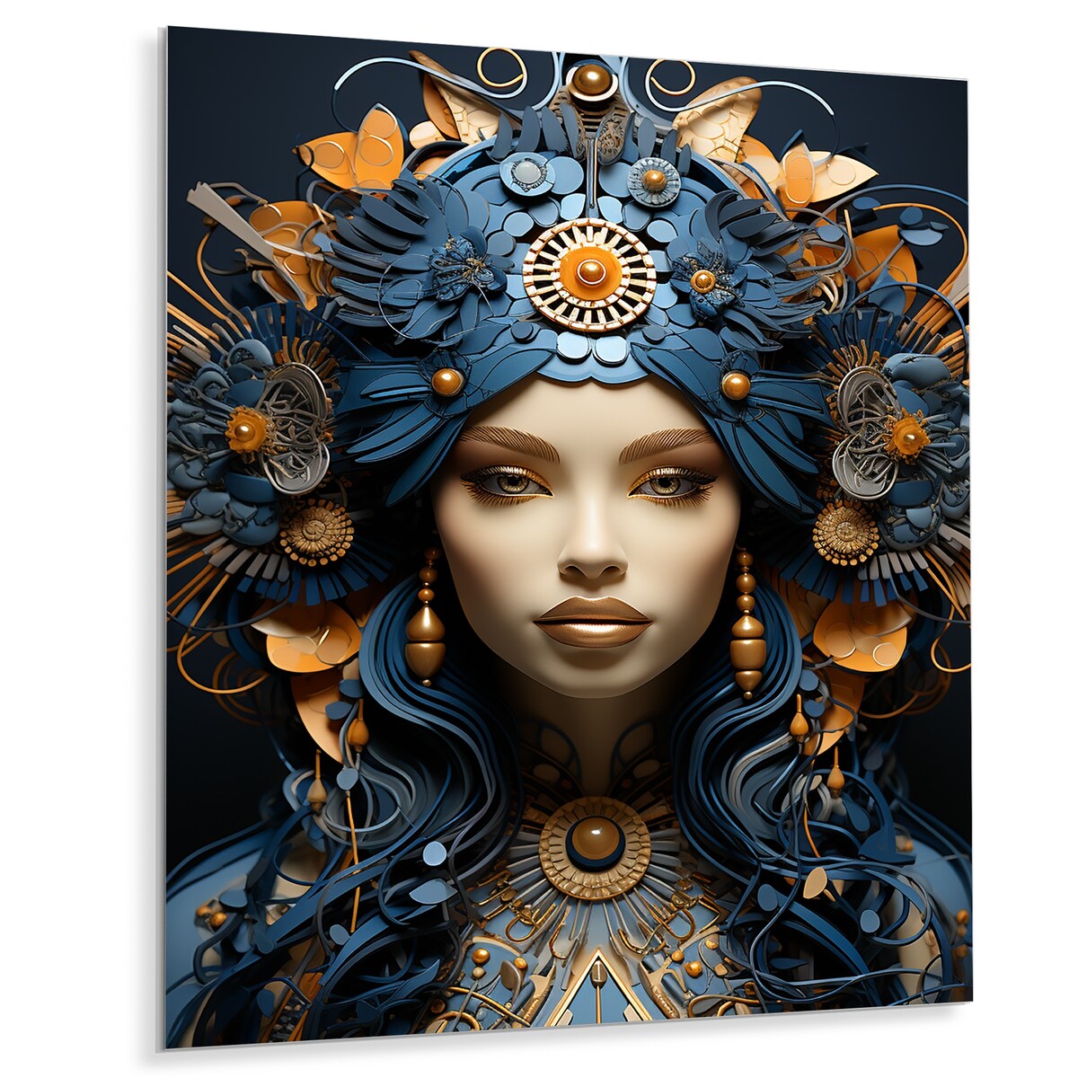 Designart "Gold And Blue Woman Goddess Portrait III" Woman Goddess Metal Wall Art Gold Wall Décor Modern Metal Art Work