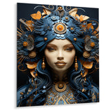 Designart "Gold And Blue Woman Goddess Portrait III" Woman Goddess Metal Wall Art Gold Wall Décor Modern Metal Art Work