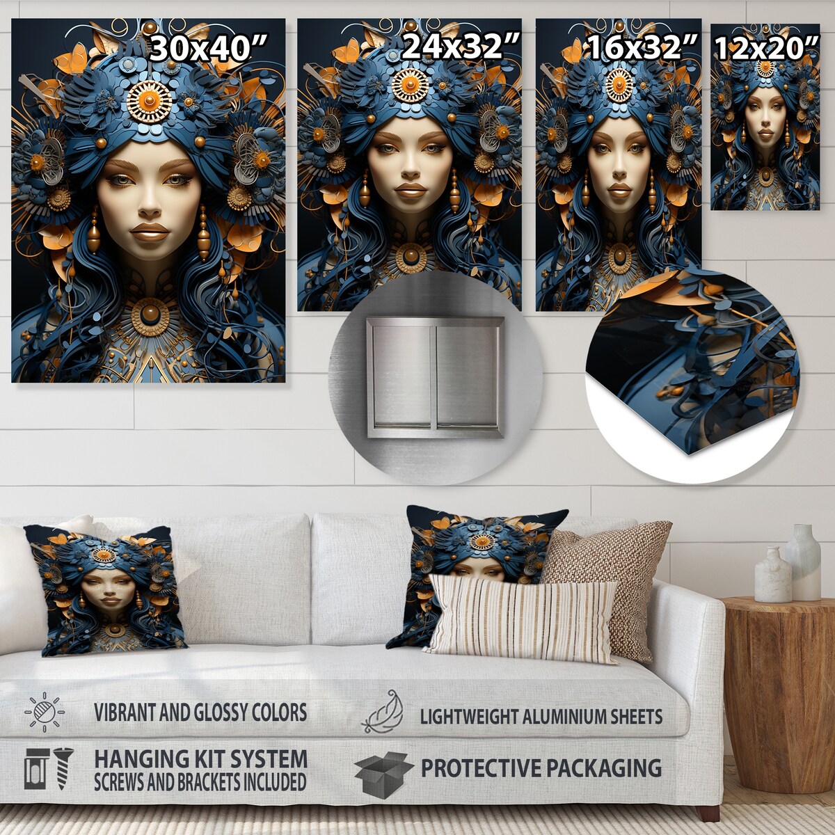 Designart "Gold And Blue Woman Goddess Portrait III" Woman Goddess Metal Wall Art Gold Wall Décor Modern Metal Art Work