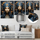 Designart "Gold And Blue Woman Goddess Portrait III" Woman Goddess Metal Wall Art Gold Wall Décor Modern Metal Art Work