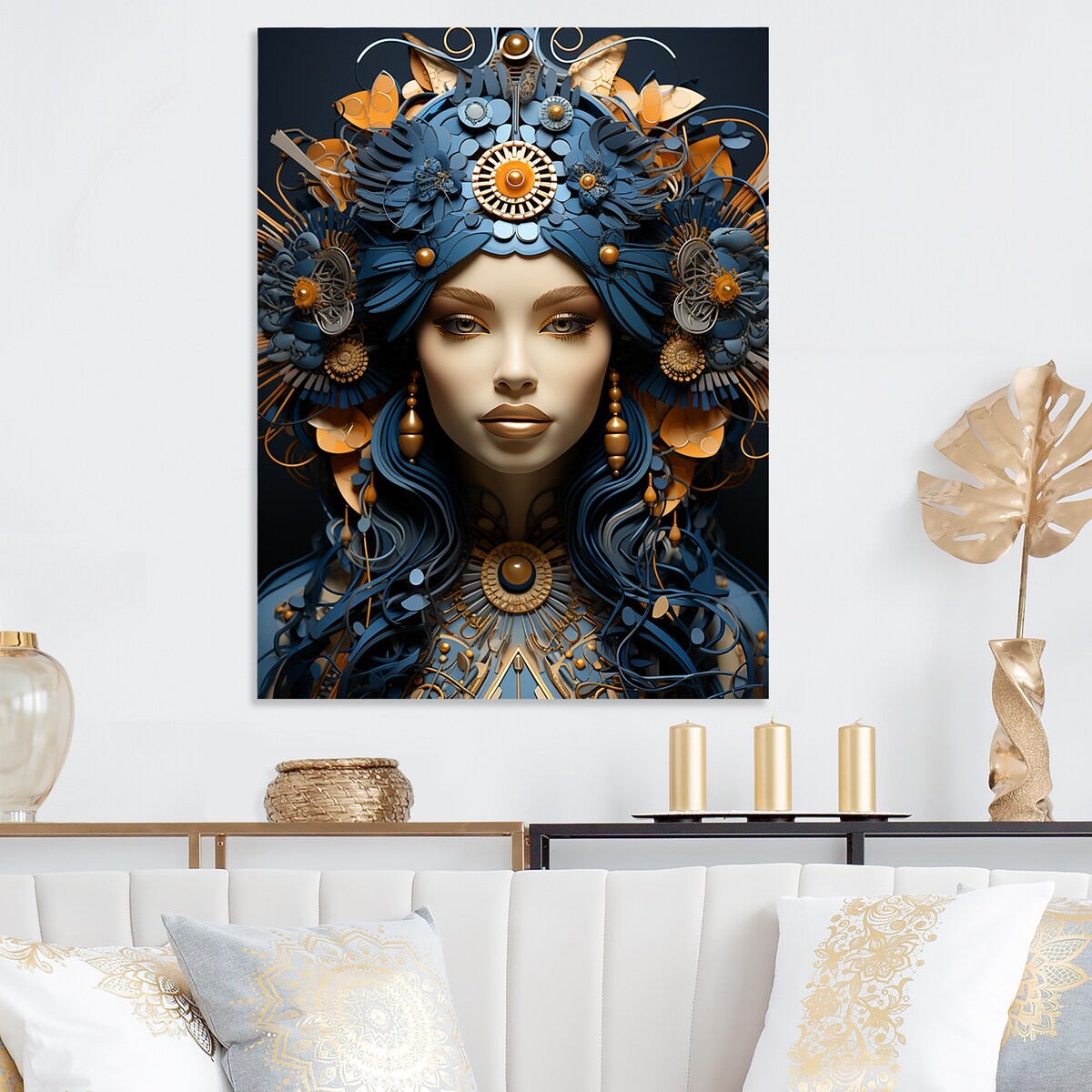 Designart "Gold And Blue Woman Goddess Portrait III" Woman Goddess Metal Wall Art Gold Wall Décor Modern Metal Art Work