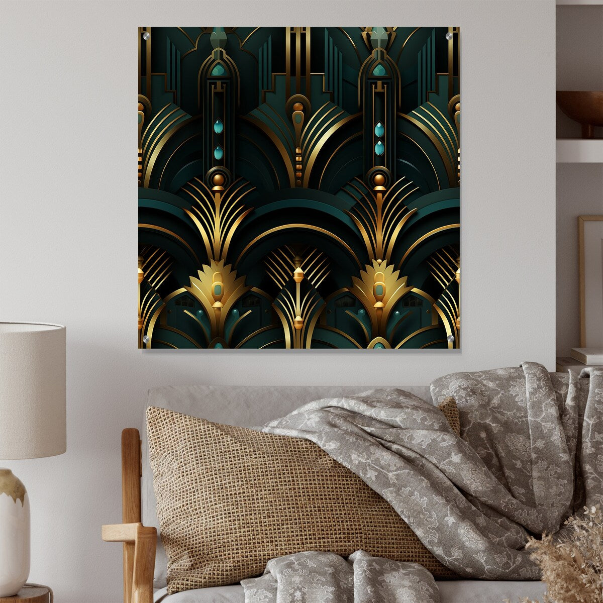 Designart "Gold And Green Art Deco Opulence" Abstract Gloss Wall Decor Gold - Bohemian Acrylic Wall Art For Bedroom