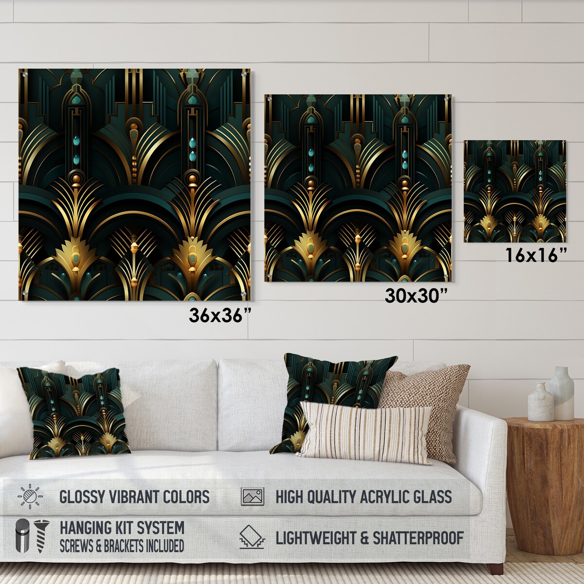 Designart "Gold And Green Art Deco Opulence" Abstract Gloss Wall Decor Gold - Bohemian Acrylic Wall Art For Bedroom