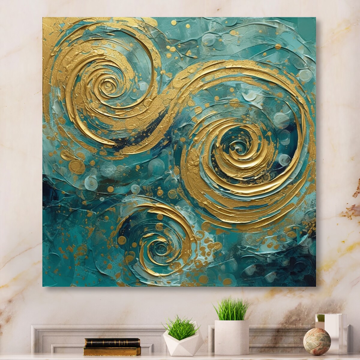 Designart "Gold And Green Power Of Abstraction" Modern Geometric Metal Wall Art