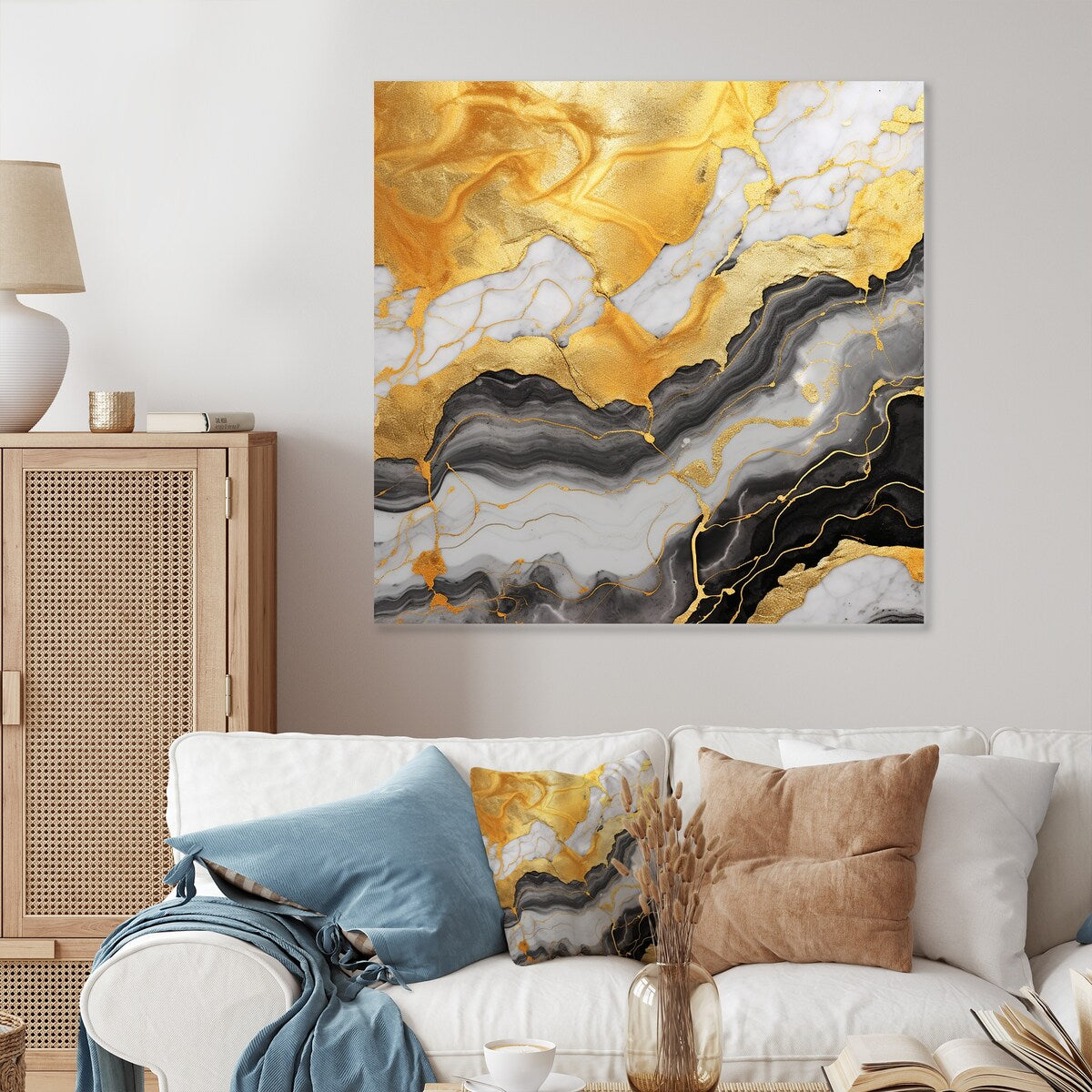 Designart "Gold And Grey Abstract Marble Mirage II" Marble Wall Decor - Gold Metal Wall Décor Modern Metal Art Work