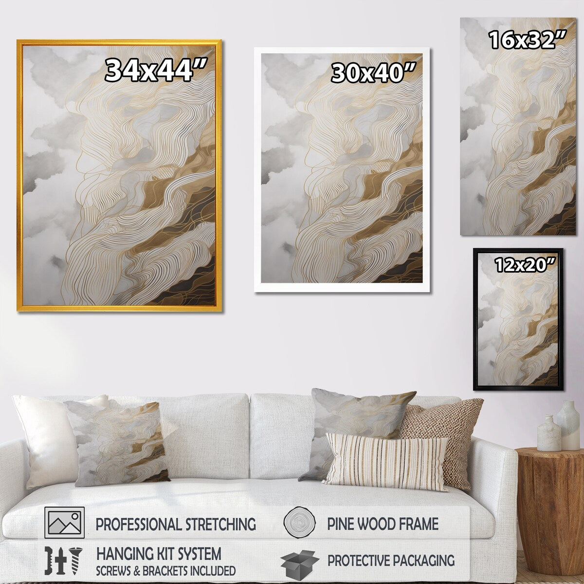 Designart "Gold And Grey Abstracted Line Artistry Iii" Minimalism Line Art Canvas Print