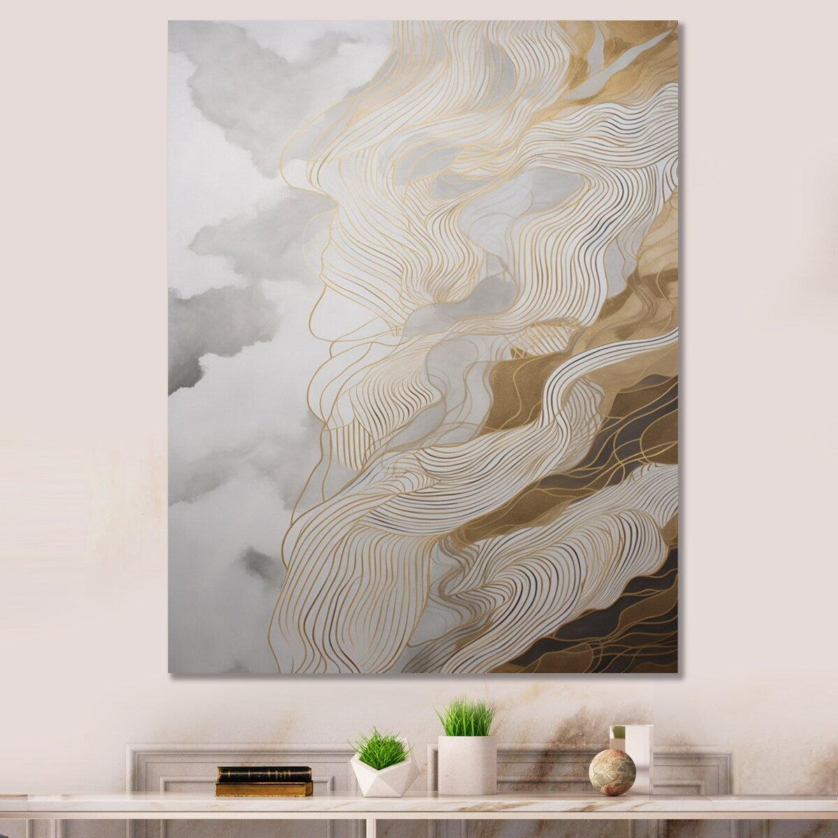 Designart "Gold And Grey Abstracted Line Artistry Iii" Minimalism Line Art Canvas Print