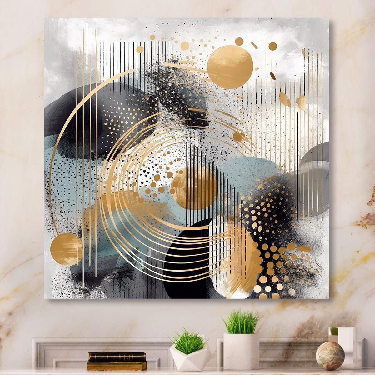 Designart "Gold And Grey Modern Shapes Minimalism II" Abstract Modern Shapes Gold Metal Wall Art Modern Metal Art Work