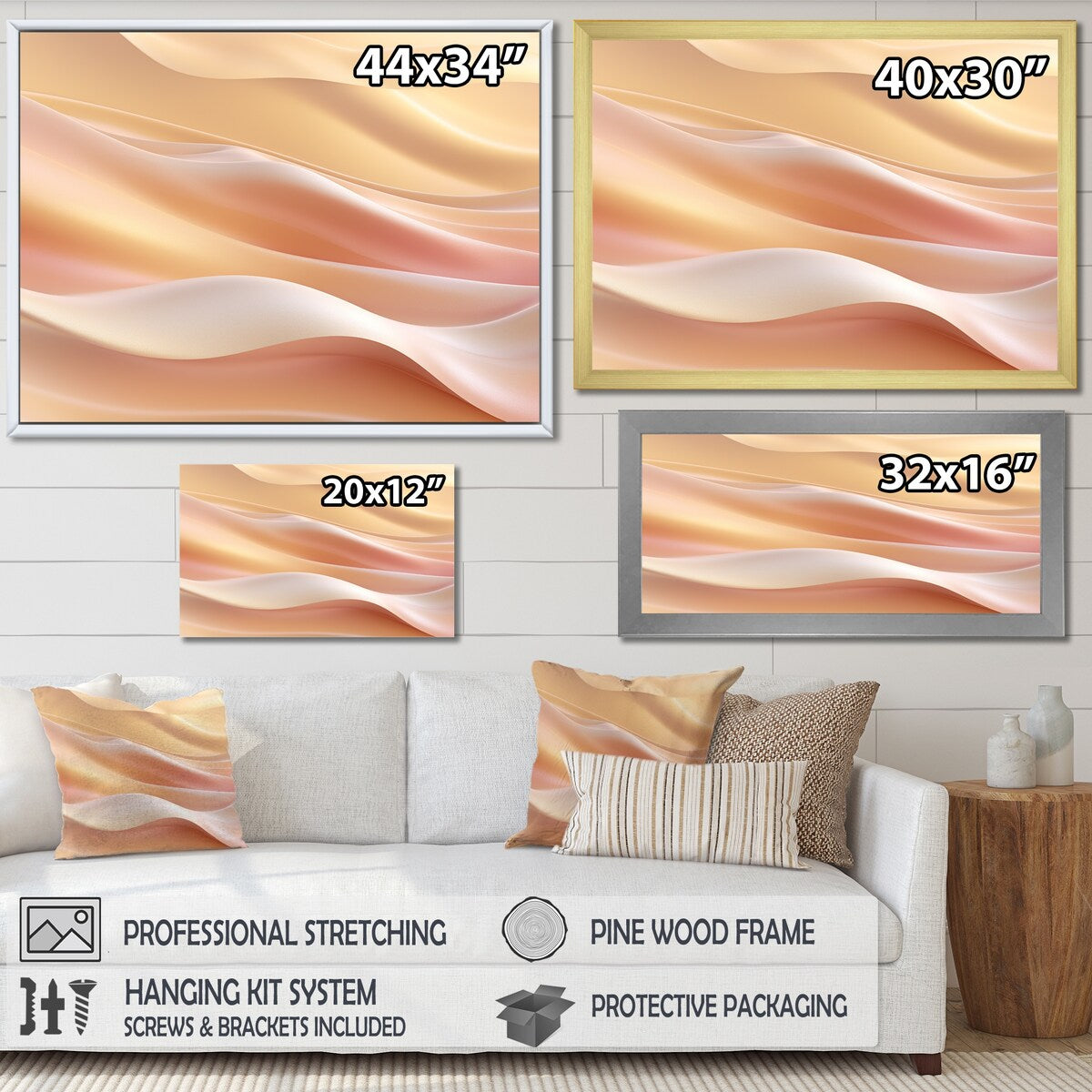 Designart "Gold And Pink Soft Wave Fusion" Abstract Shapes Framed Canvas Wall Art