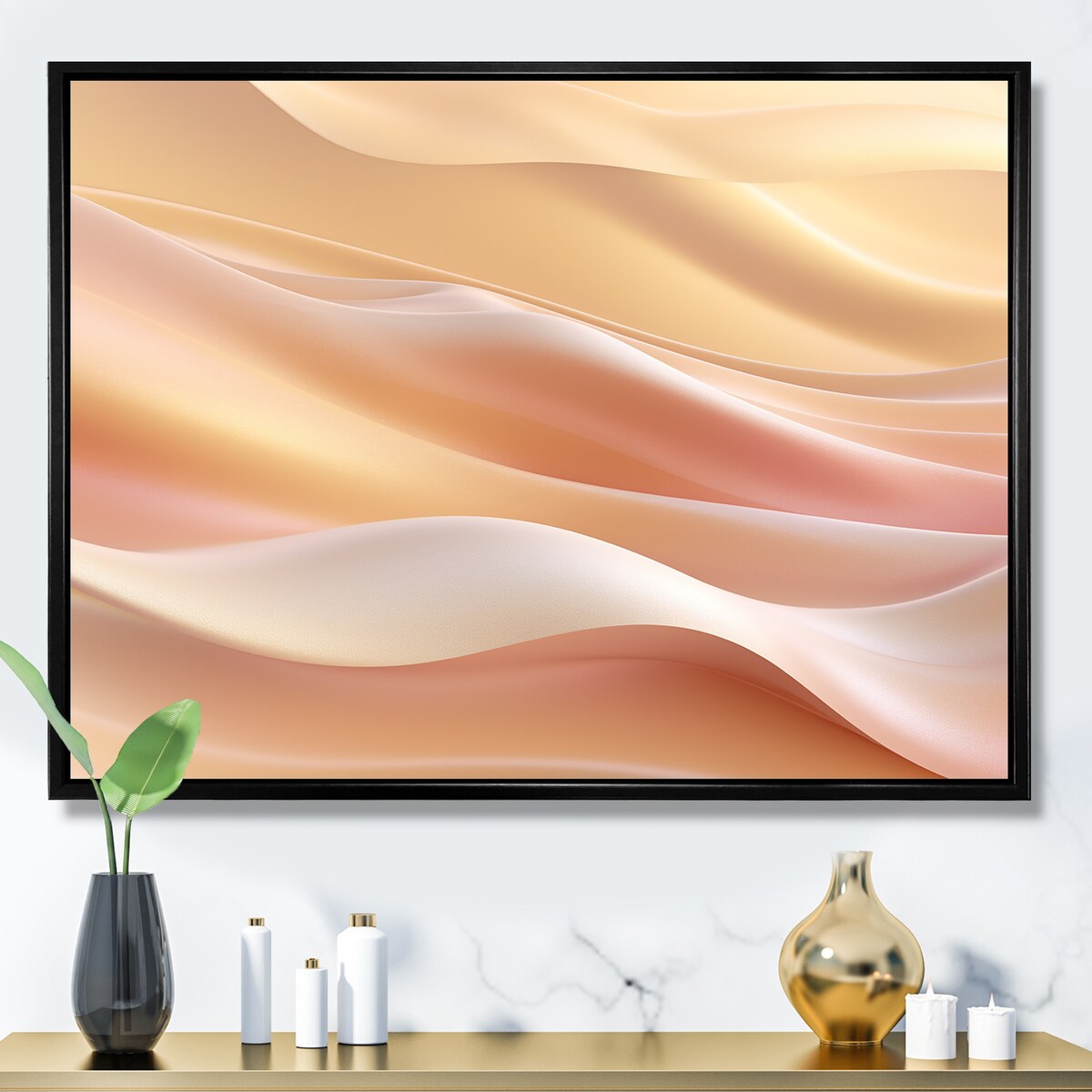 Designart "Gold And Pink Soft Wave Fusion" Abstract Shapes Framed Canvas Wall Art