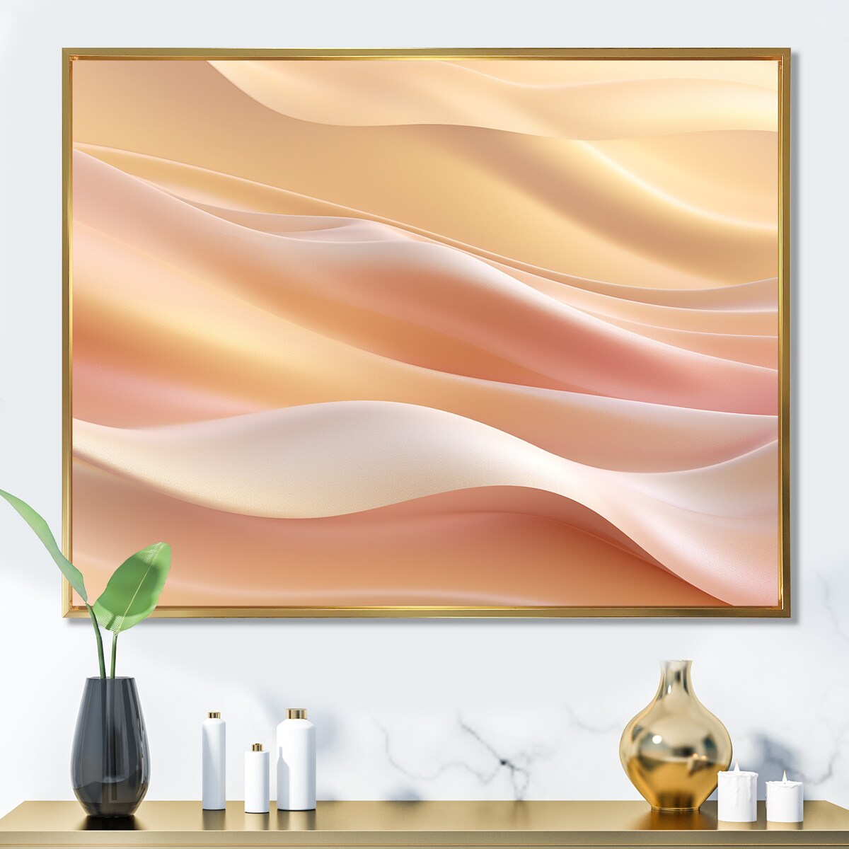 Designart "Gold And Pink Soft Wave Fusion" Abstract Shapes Framed Canvas Wall Art
