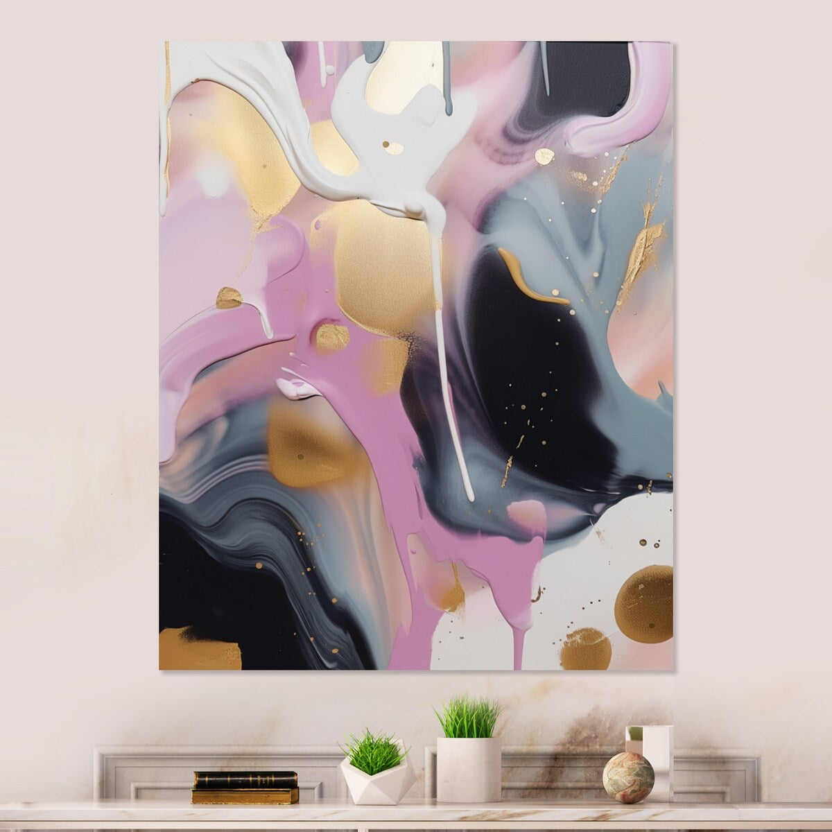 Designart "Gold And Pink Swirl Ink III" Abstract Marble Metal Wall Art