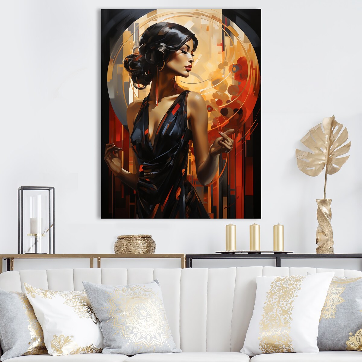 Designart "Gold And Sapphire Woman Elegance I" Woman Wall Art Gold - Modern Wrapped Canvas For Hallway Décor