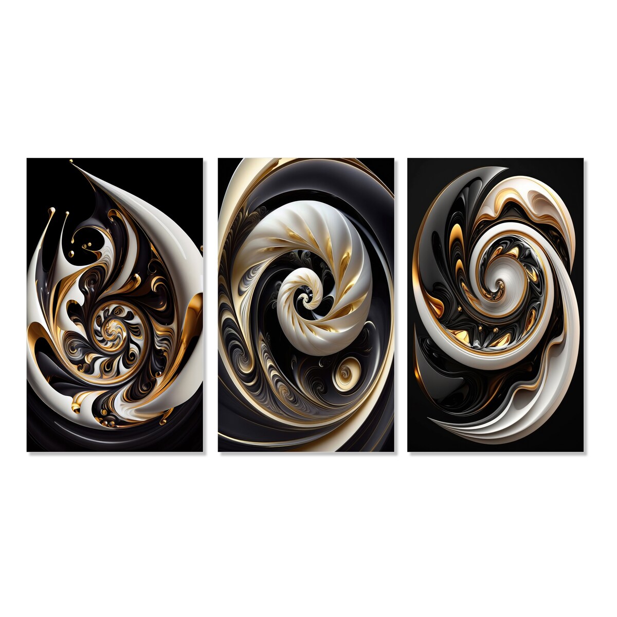Designart "Gold Black And White Stained Glass II" Abstract Wall Art Set Of 3 - Modern Printed Art Set For Bedroom