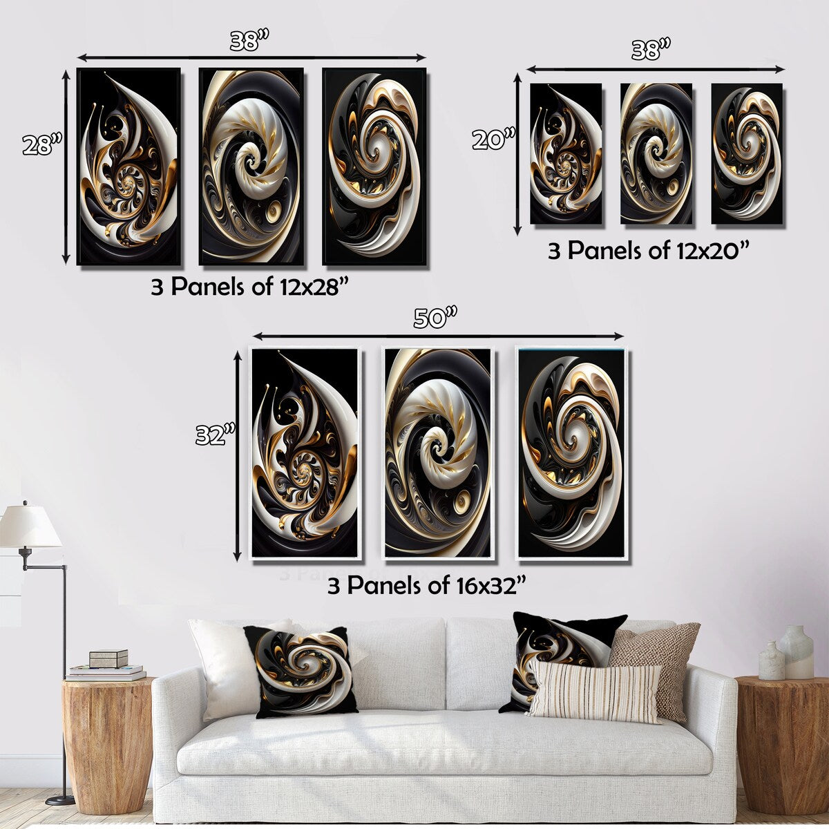 Designart "Gold Black And White Stained Glass II" Abstract Wall Art Set Of 3 - Modern Printed Art Set For Bedroom