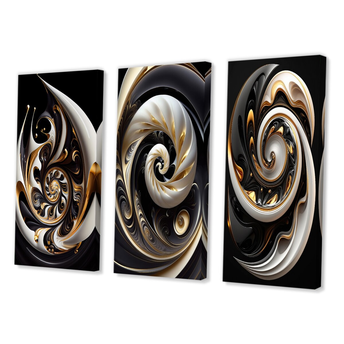 Designart "Gold Black And White Stained Glass II" Abstract Wall Art Set Of 3 - Modern Printed Art Set For Bedroom