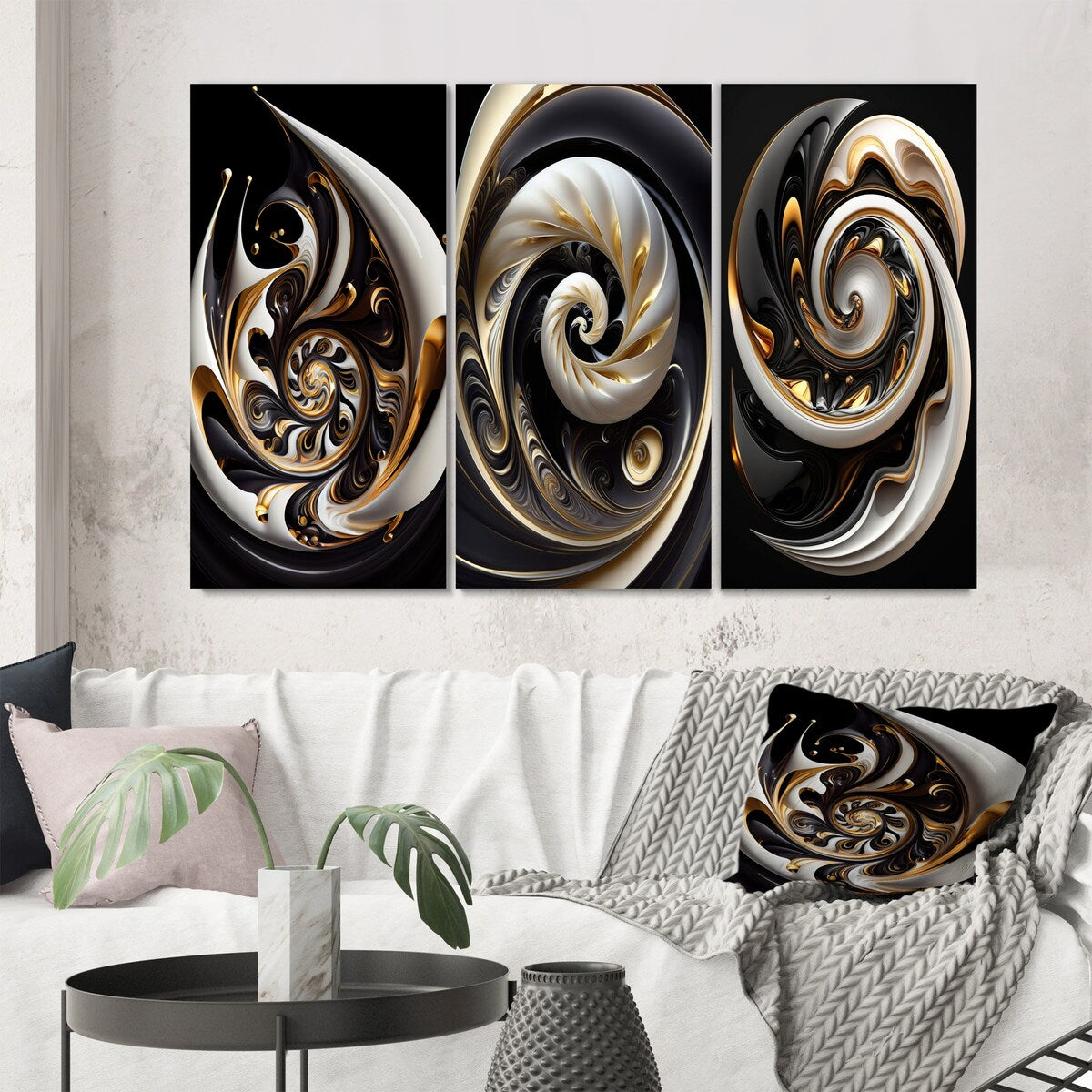 Designart "Gold Black And White Stained Glass II" Abstract Wall Art Set Of 3 - Modern Printed Art Set For Bedroom