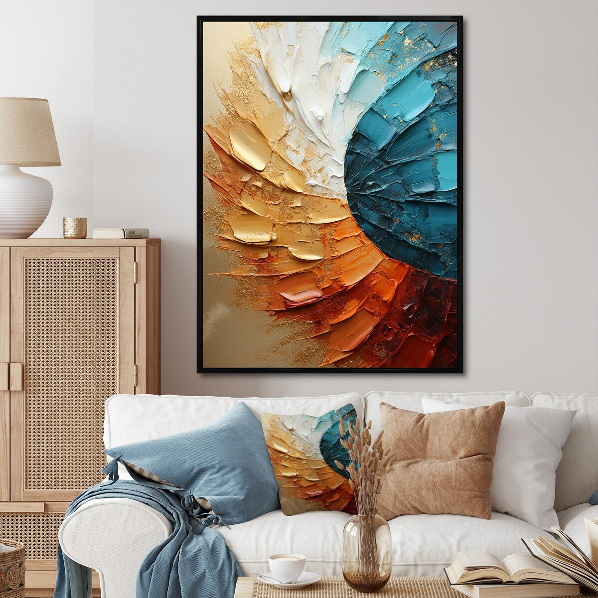 Designart "Gold Blue Desert Mirage Spiral" Abstract Spirals Framed Wall Art Prints