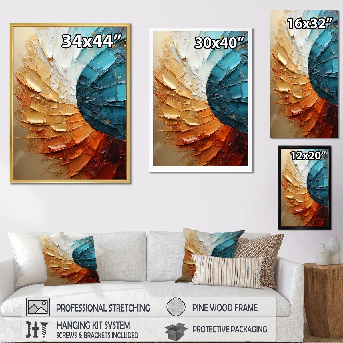 Designart "Gold Blue Desert Mirage Spiral" Abstract Spirals Framed Wall Art Prints