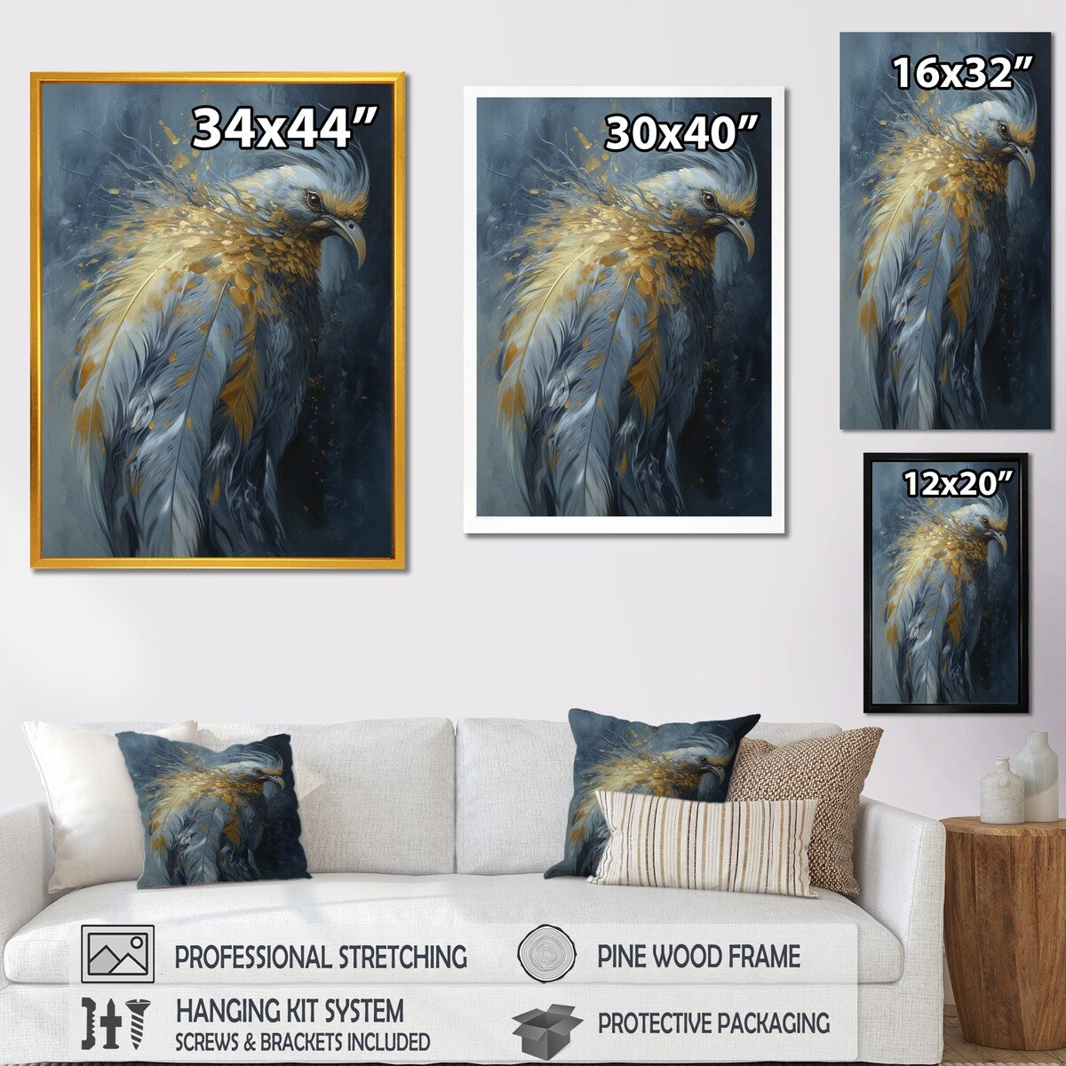 Designart "Gold Boho Chic Feathers Iii" Glam Feather Framed Canvas Art Print