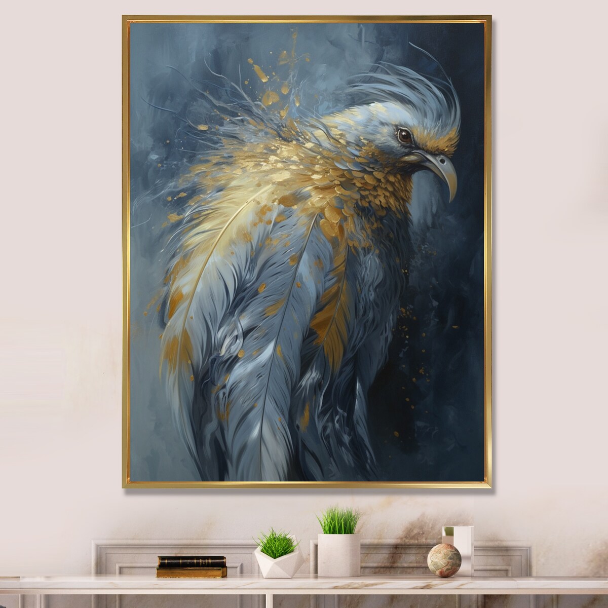 Designart "Gold Boho Chic Feathers Iii" Glam Feather Framed Canvas Art Print