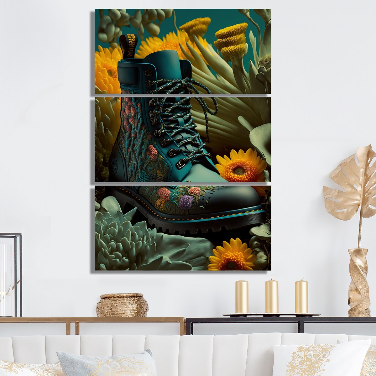 Designart "Gold Champagne Heel II" Fashion Shoes Canvas Art Print - 3 Panels