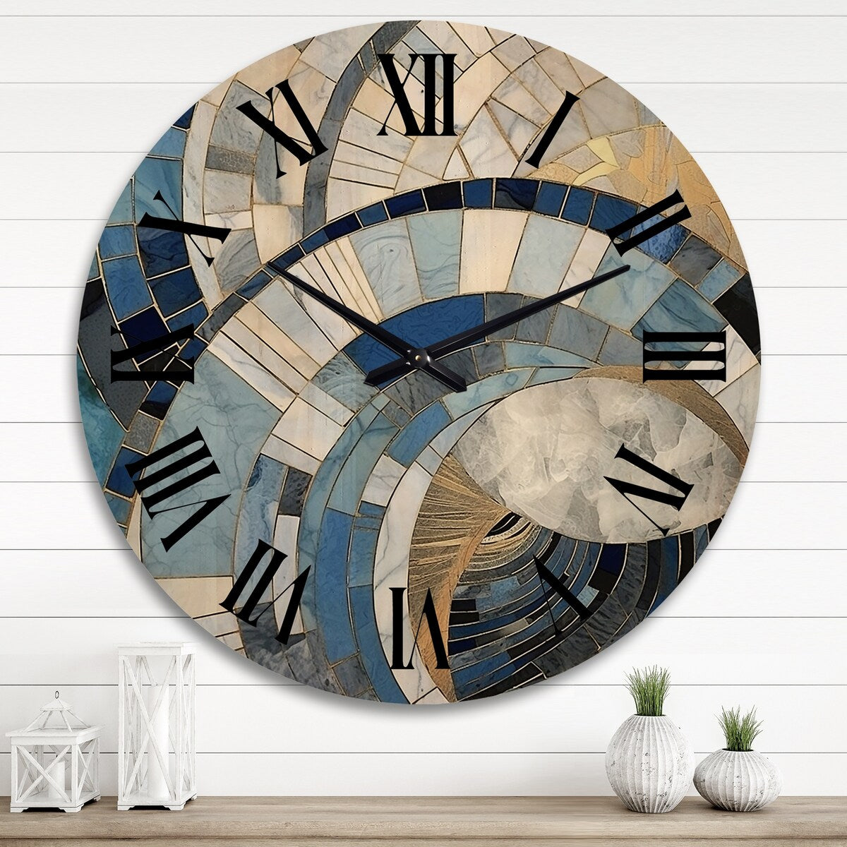 Designart "Gold Constructing Blue Realms I" Abstract Shapes Oversized Wood Wall Clock