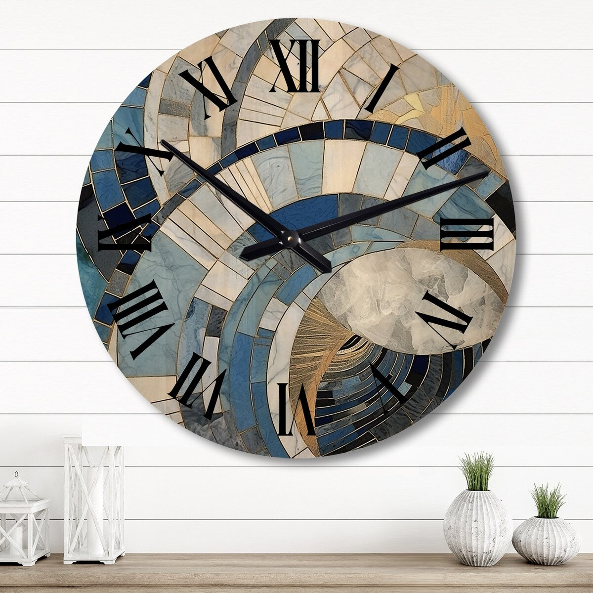Designart "Gold Constructing Blue Realms I" Abstract Shapes Oversized Wood Wall Clock