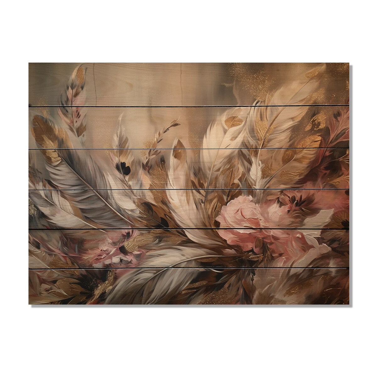 Designart "Gold Feather Wanderlust VI" Glam Feather Print on Natural Pine Wood