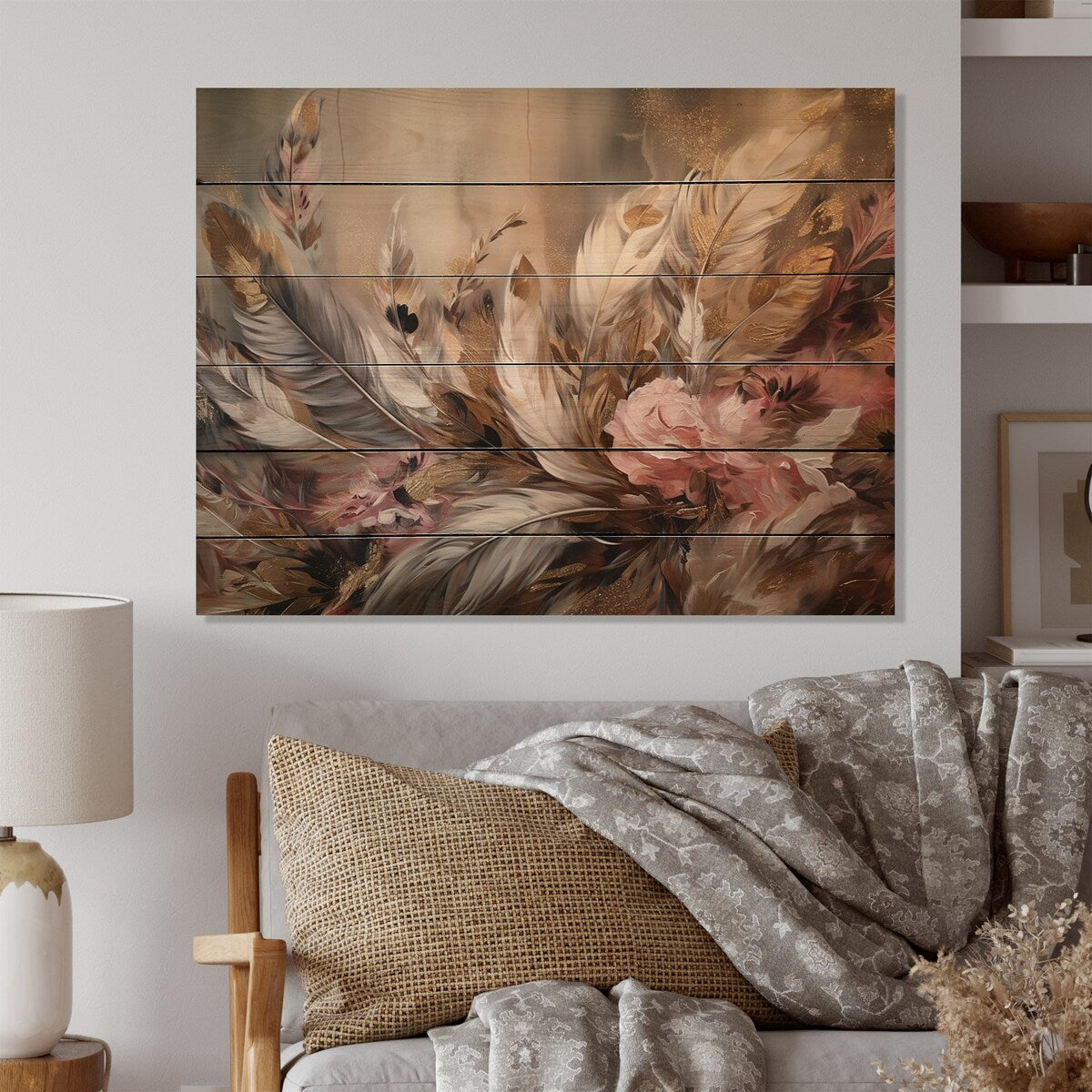 Designart "Gold Feather Wanderlust VI" Glam Feather Print on Natural Pine Wood