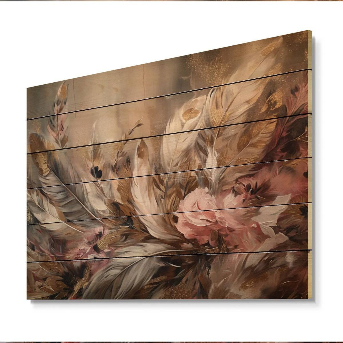 Designart "Gold Feather Wanderlust VI" Glam Feather Print on Natural Pine Wood