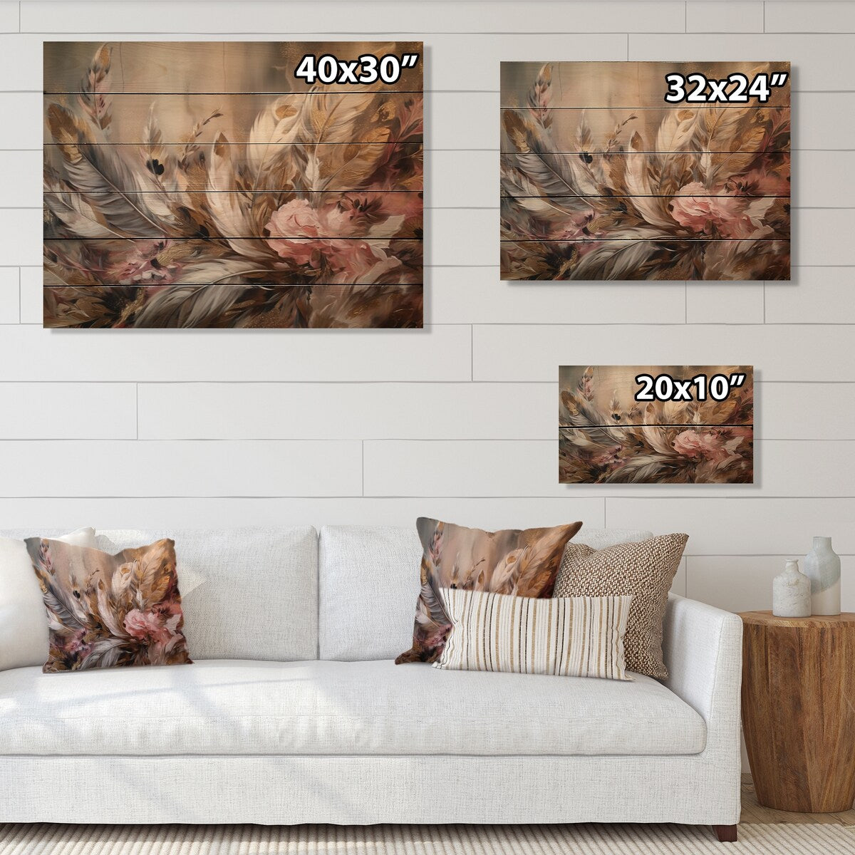 Designart "Gold Feather Wanderlust VI" Glam Feather Print on Natural Pine Wood
