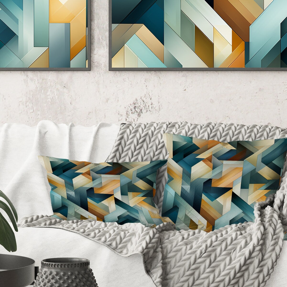 Designart "Gold Mystical Geometry Lines Symmetry" Geometric Printed Throw Pillow