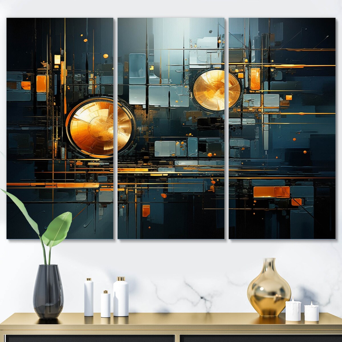 Designart "Gold Teal Abstract Fractal Collage Reflections I" Modern Metal Wall Decor Set