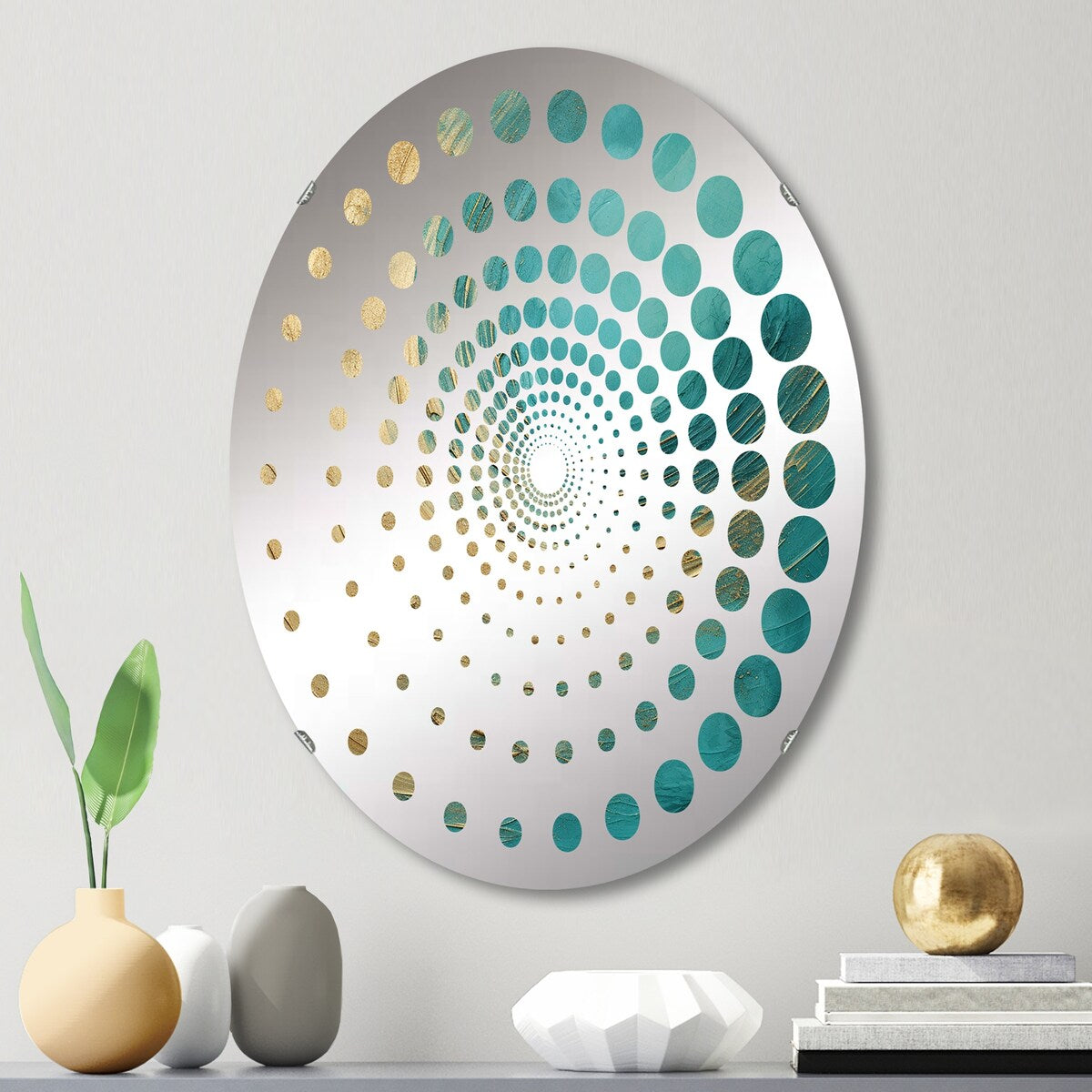 Designart "Gold Teal Oceans Alchemy Spiral I" Abstract Spirals Gold Wall Mirror - Modern Wall Art Mirror For Bathroom