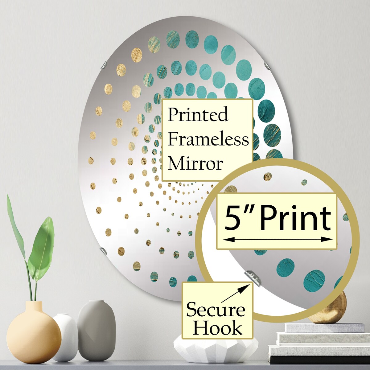 Designart "Gold Teal Oceans Alchemy Spiral I" Abstract Spirals Gold Wall Mirror - Modern Wall Art Mirror For Bathroom