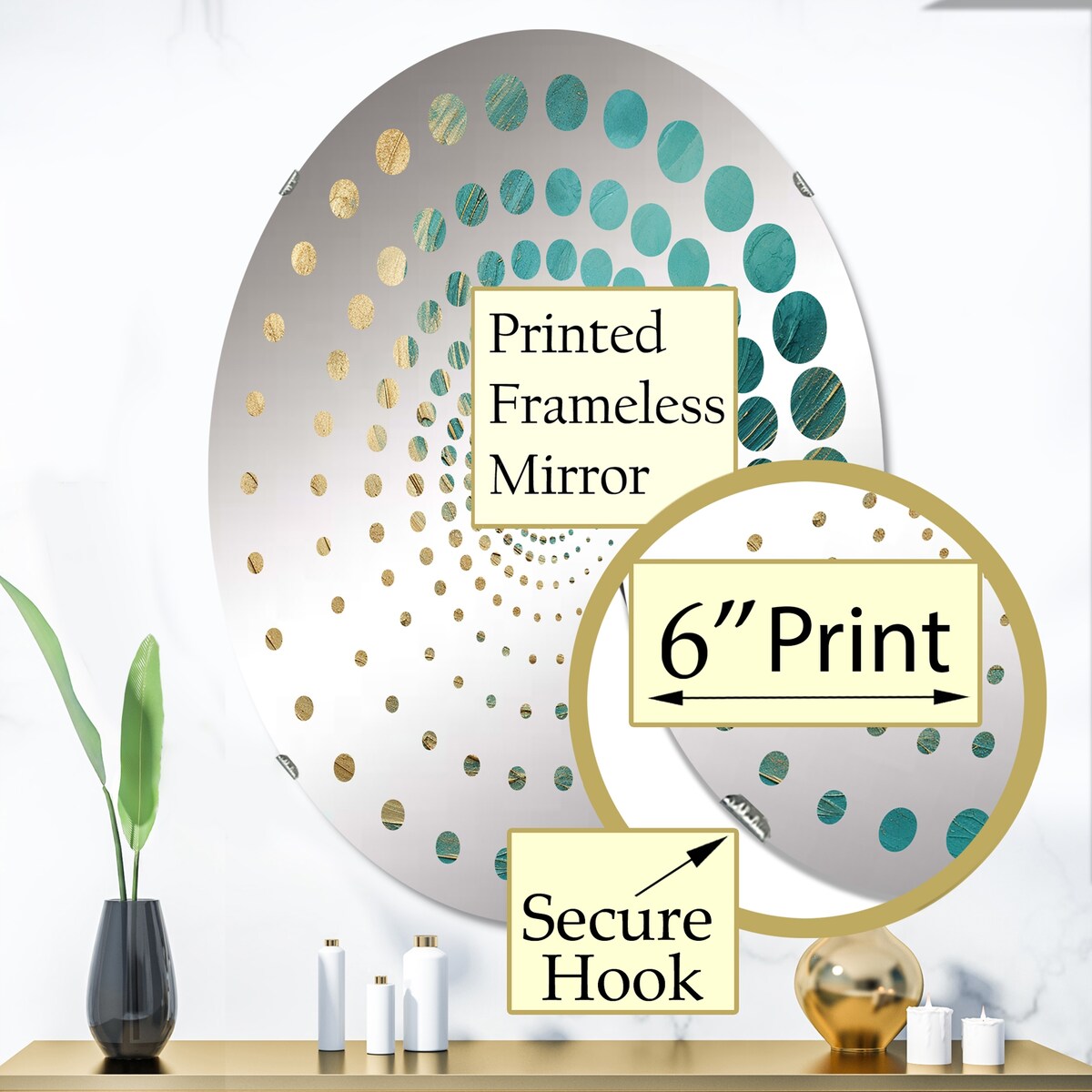 Designart "Gold Teal Oceans Alchemy Spiral I" Abstract Spirals Gold Wall Mirror - Modern Wall Art Mirror For Bathroom