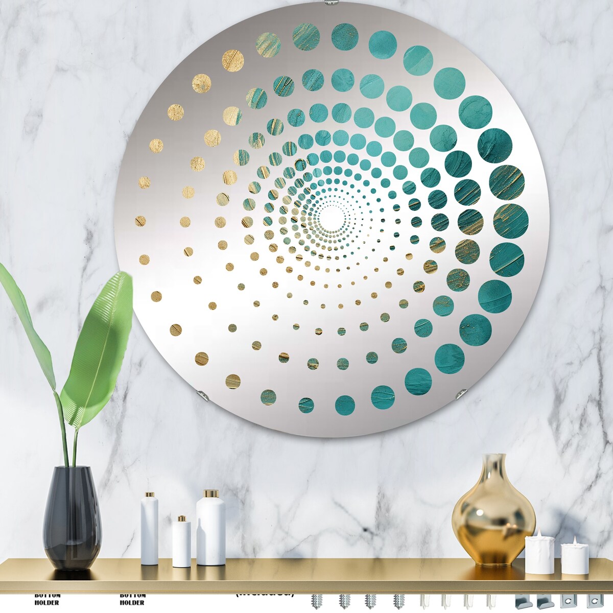 Designart "Gold Teal Oceans Alchemy Spiral I" Abstract Spirals Gold Wall Mirror - Modern Wall Art Mirror For Bathroom