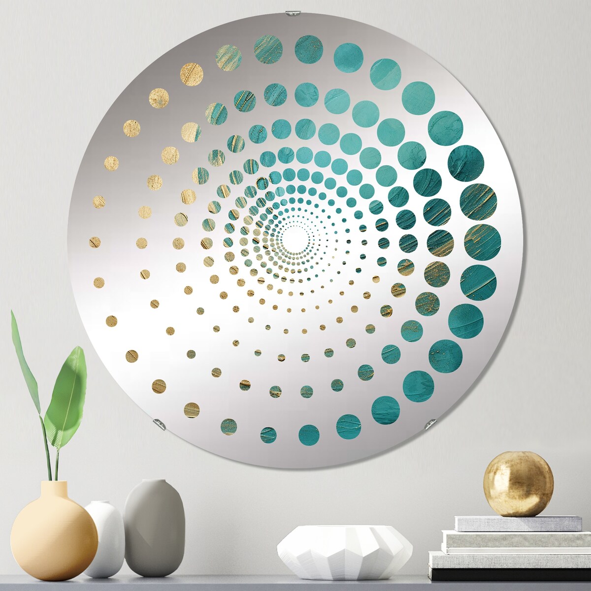 Designart "Gold Teal Oceans Alchemy Spiral I" Abstract Spirals Gold Wall Mirror - Modern Wall Art Mirror For Bathroom