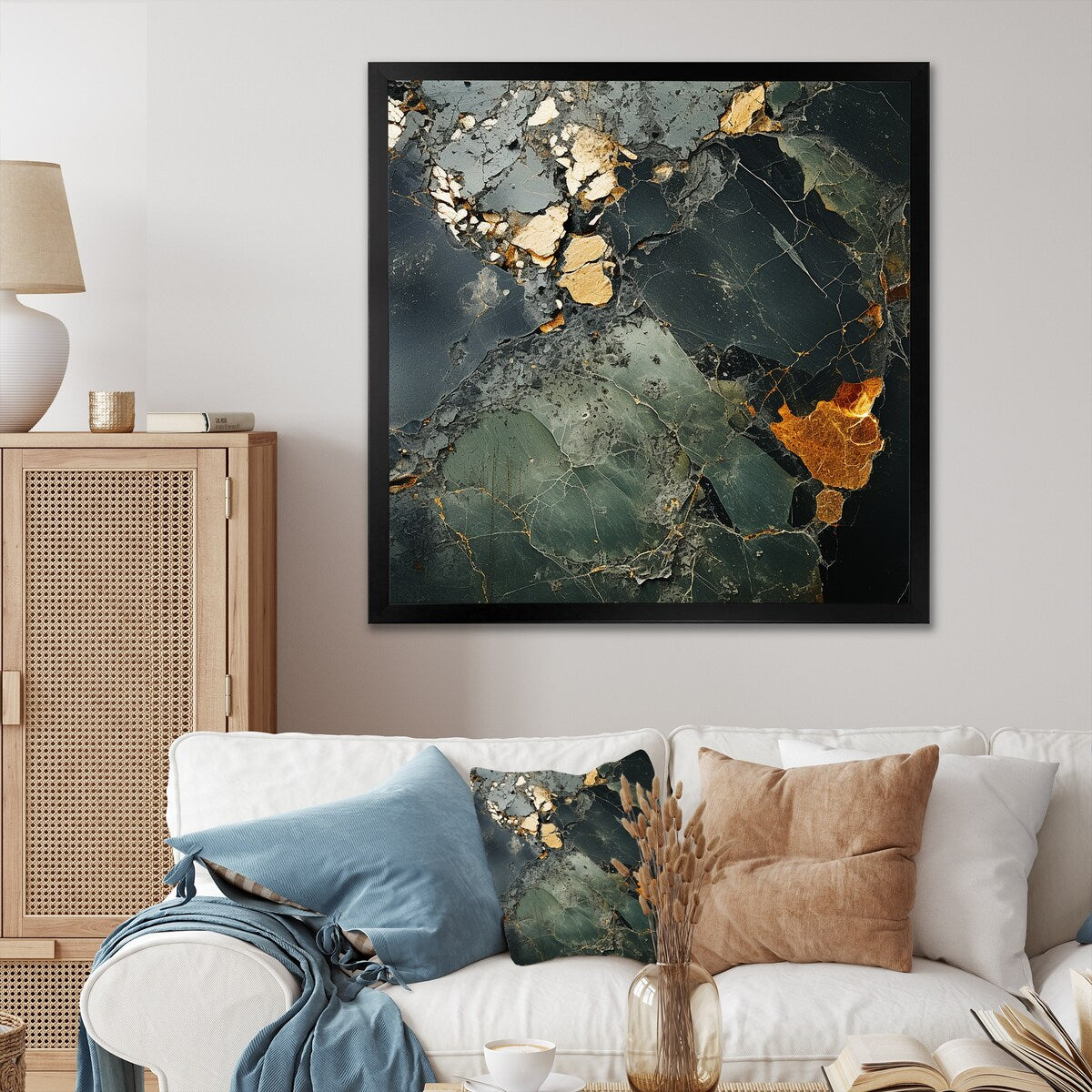 Designart "Golden And Green Terrazzo Marble Elegance II" Abstract Marble Green - Modern Bedroom Framed Canvas Wall Art