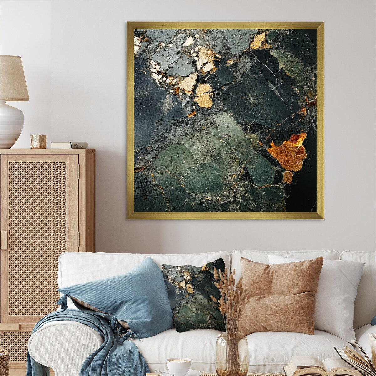 Designart "Golden And Green Terrazzo Marble Elegance II" Abstract Marble Green - Modern Bedroom Framed Canvas Wall Art