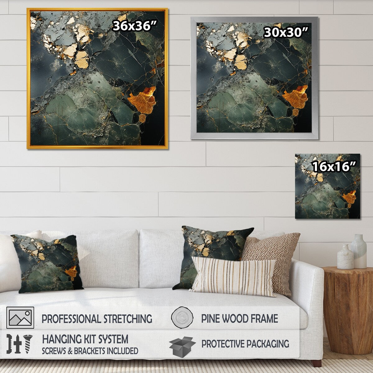 Designart "Golden And Green Terrazzo Marble Elegance II" Abstract Marble Green - Modern Bedroom Framed Canvas Wall Art