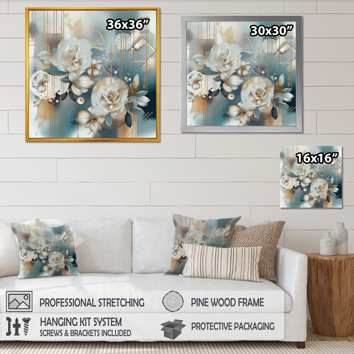 Designart "Golden Blue Marble Floral Design Iv" Floral Framed Wall Art Prints