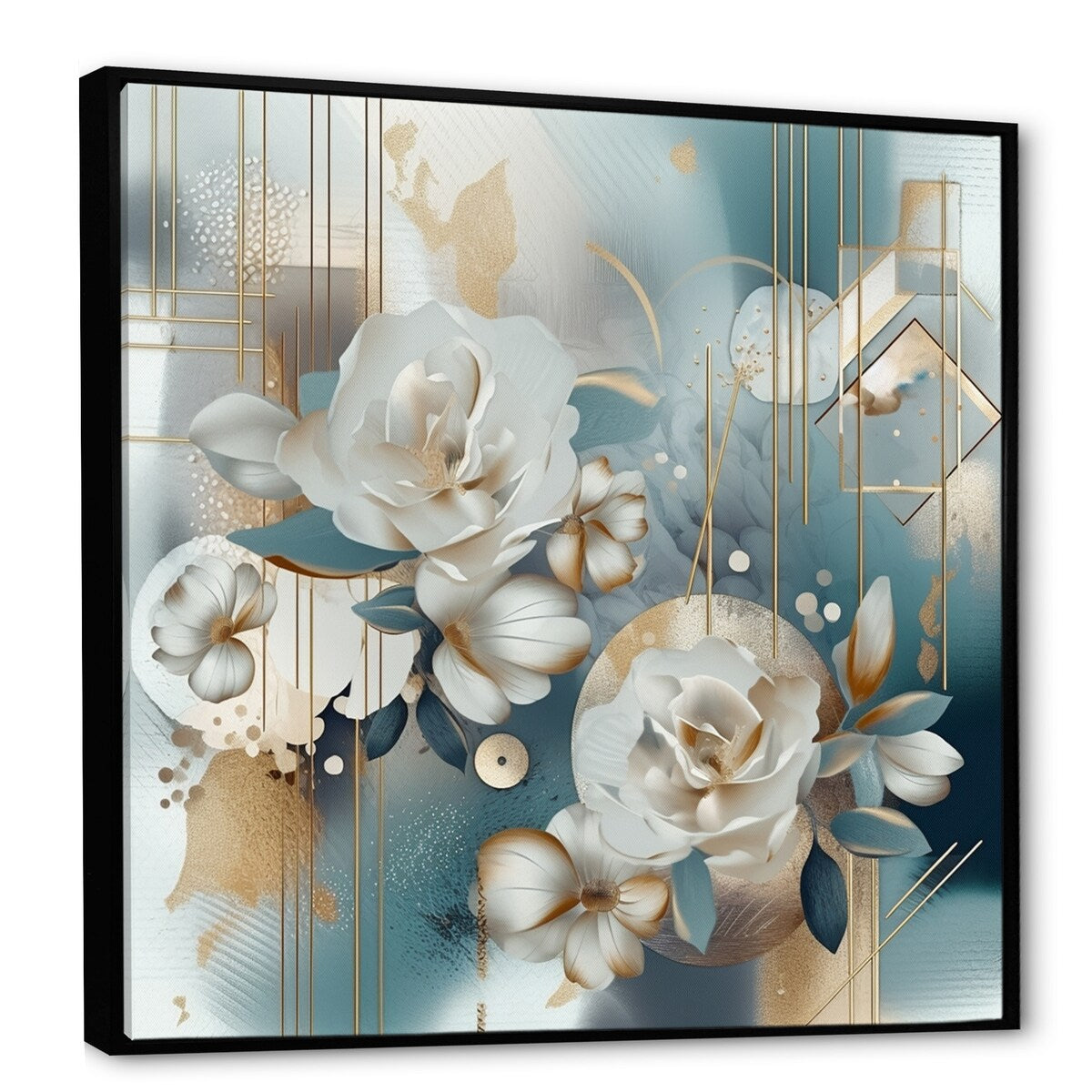 Designart "Golden Blue Marble Floral Design Iv" Floral Framed Wall Art Prints