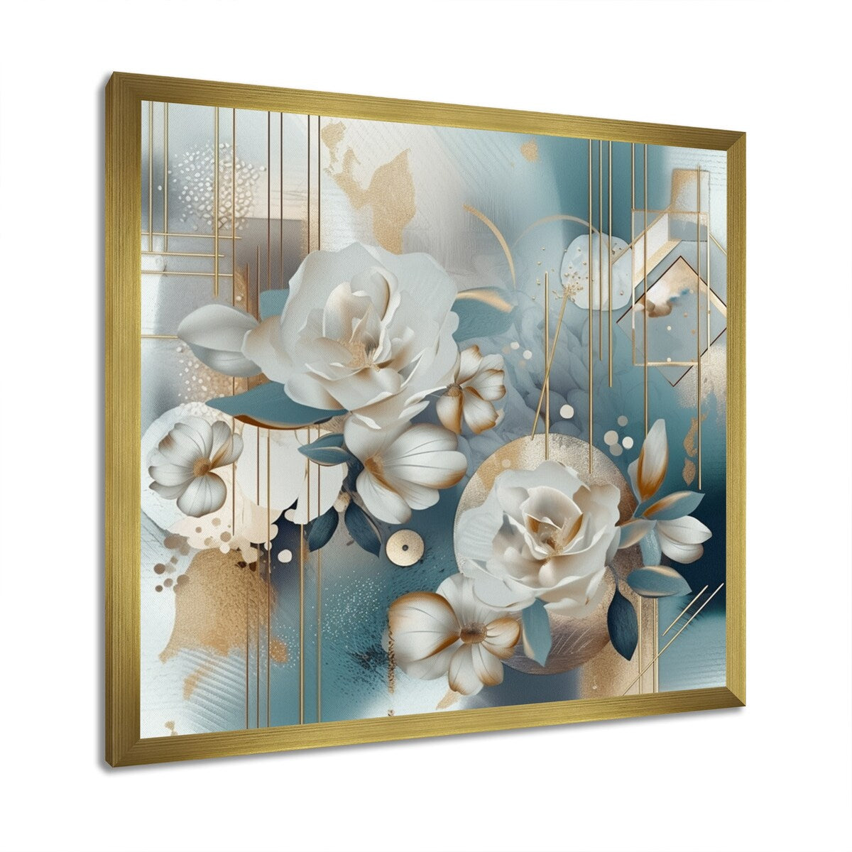 Designart "Golden Blue Marble Floral Design Iv" Floral Framed Wall Art Prints
